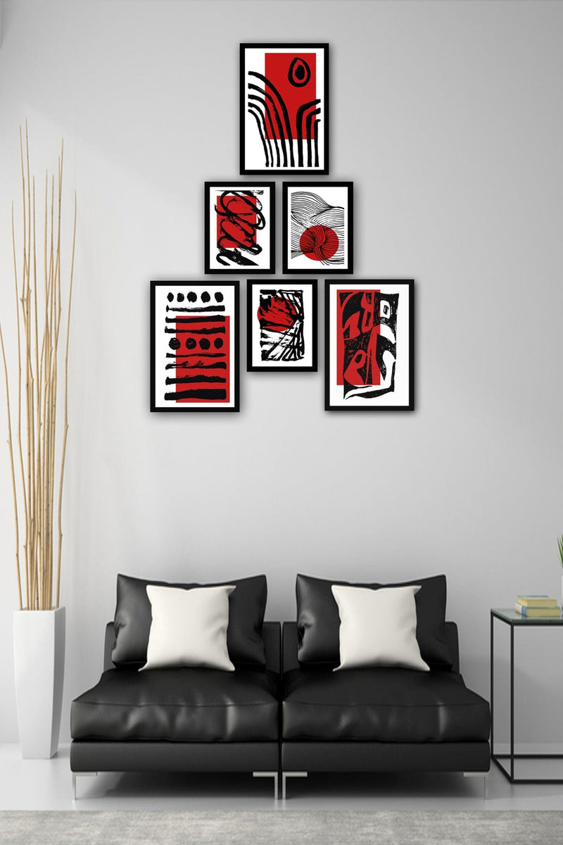 6 Parça Modern Sanat Tarzında Siyah Çerçeve Görünümlü Uv Baskı Mdf Tablo Seti Bonvagon