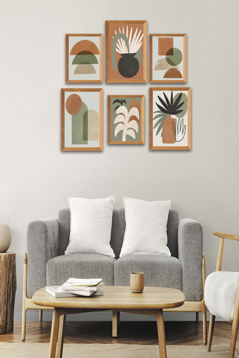 6 Parça Sanatsal Bohem Geometrik Tarzında (Ahşap Çerçeve Görünümlü) Uv Baskı Mdf Tablo Seti Bonvagon