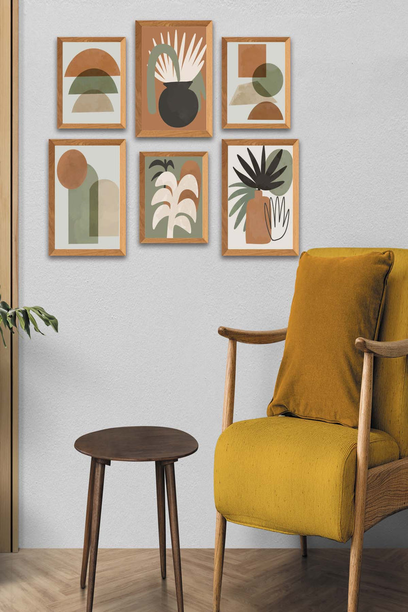 6 Parça Sanatsal Bohem Geometrik Tarzında (Ahşap Çerçeve Görünümlü) Uv Baskı Mdf Tablo Seti Bonvagon