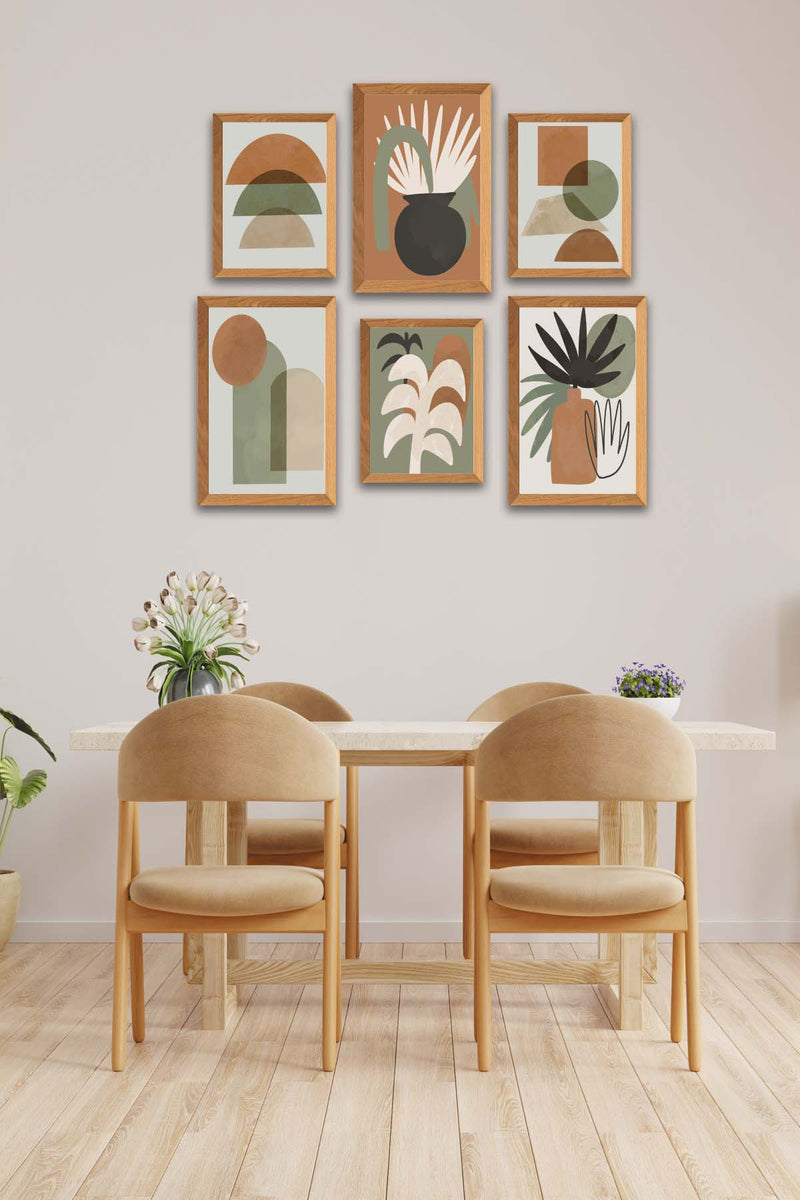 6 Parça Sanatsal Bohem Geometrik Tarzında (Ahşap Çerçeve Görünümlü) Uv Baskı Mdf Tablo Seti Bonvagon