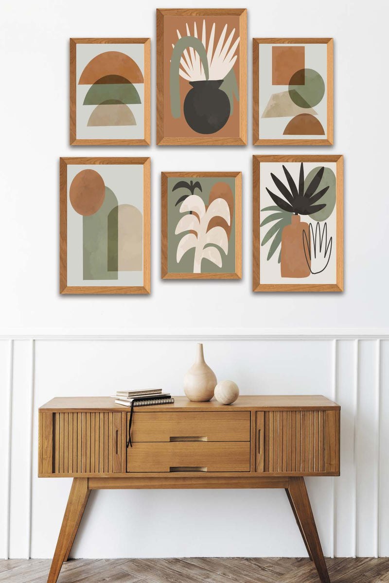 6 Parça Sanatsal Bohem Geometrik Tarzında (Ahşap Çerçeve Görünümlü) Uv Baskı Mdf Tablo Seti Bonvagon