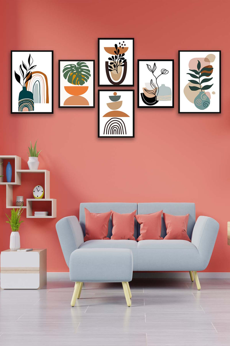 6 Parça Sanatsal Bohem Tarzı Siyah Çerçeve Görünümlü Tablo Seti Bonvagon