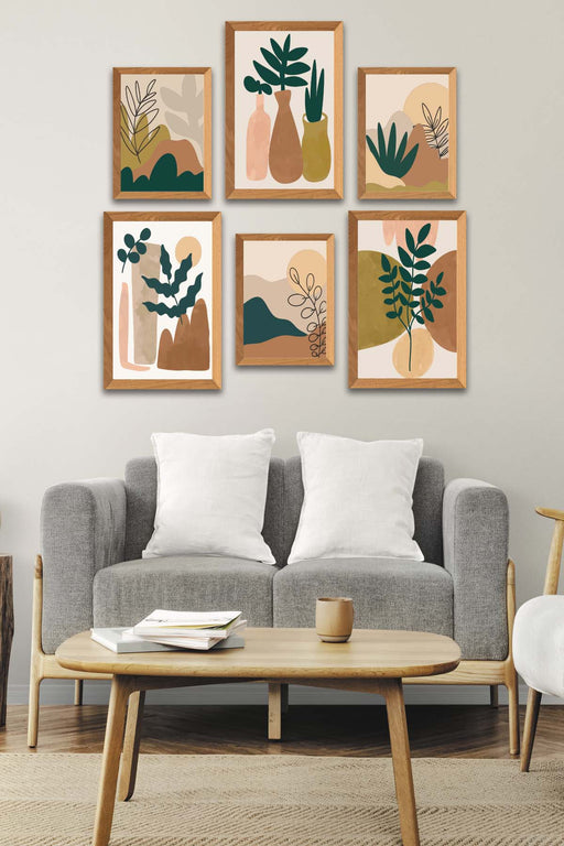 6 Parça Sanatsal Bohem Tarzında (Ahşap Çerçeve Görünümlü) Uv Baskı Mdf Tablo Seti Bonvagon