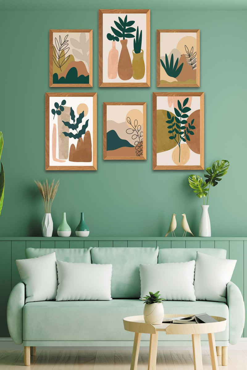 6 Parça Sanatsal Bohem Tarzında (Ahşap Çerçeve Görünümlü) Uv Baskı Mdf Tablo Seti Bonvagon