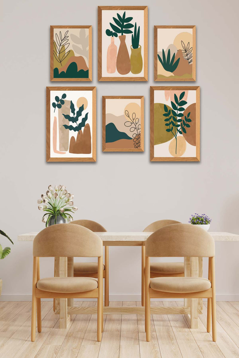 6 Parça Sanatsal Bohem Tarzında (Ahşap Çerçeve Görünümlü) Uv Baskı Mdf Tablo Seti Bonvagon