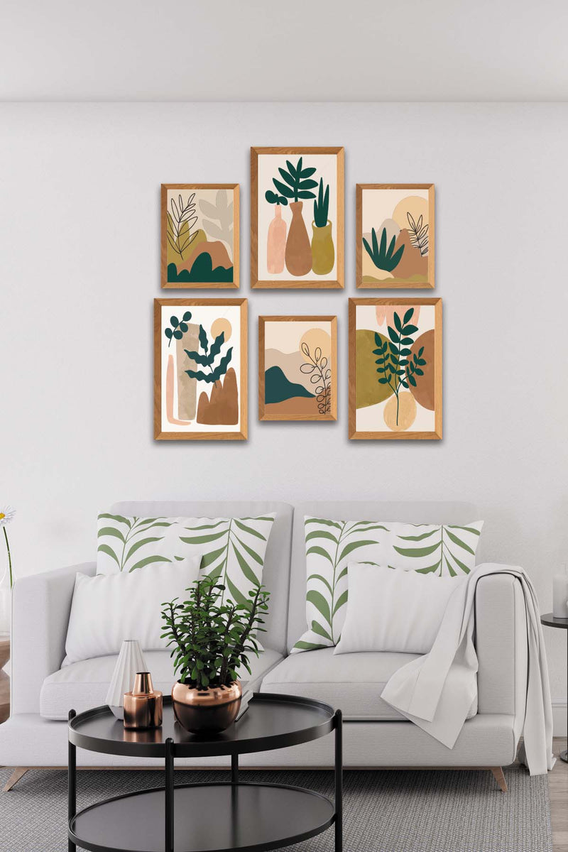 6 Parça Sanatsal Bohem Tarzında (Ahşap Çerçeve Görünümlü) Uv Baskı Mdf Tablo Seti Bonvagon