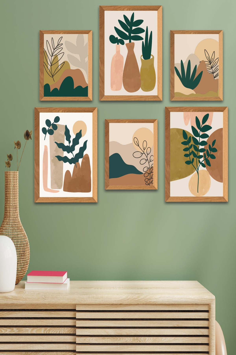 6 Parça Sanatsal Bohem Tarzında (Ahşap Çerçeve Görünümlü) Uv Baskı Mdf Tablo Seti Bonvagon