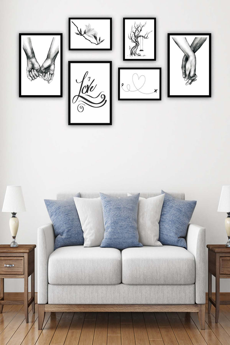 6 Parça Siyah Beyaz Sanatsal Çerçeve Görünümlü Tablo Seti Bonvagon