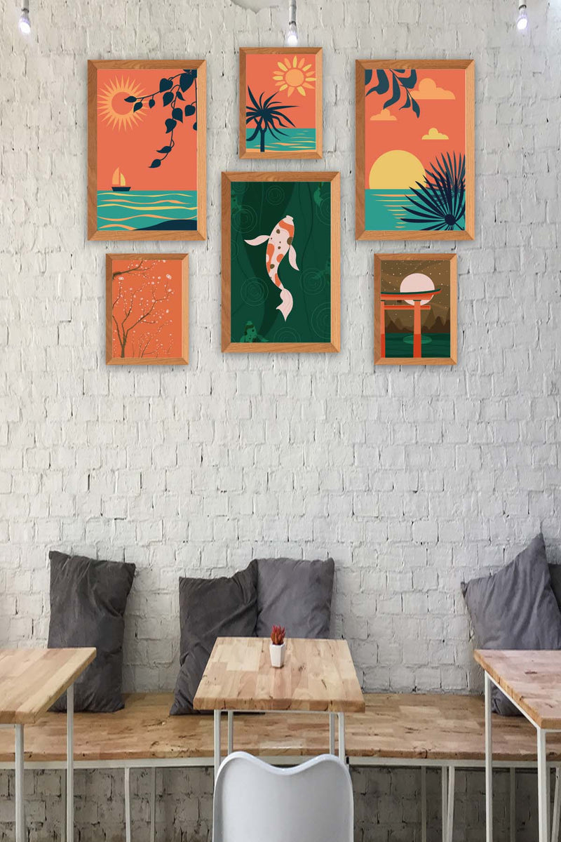 6 Parça Sunset Tarzda Sanatsal Ahşap Çerçeve Görünümlü Uv Baskı Mdf Tablo Seti Bonvagon