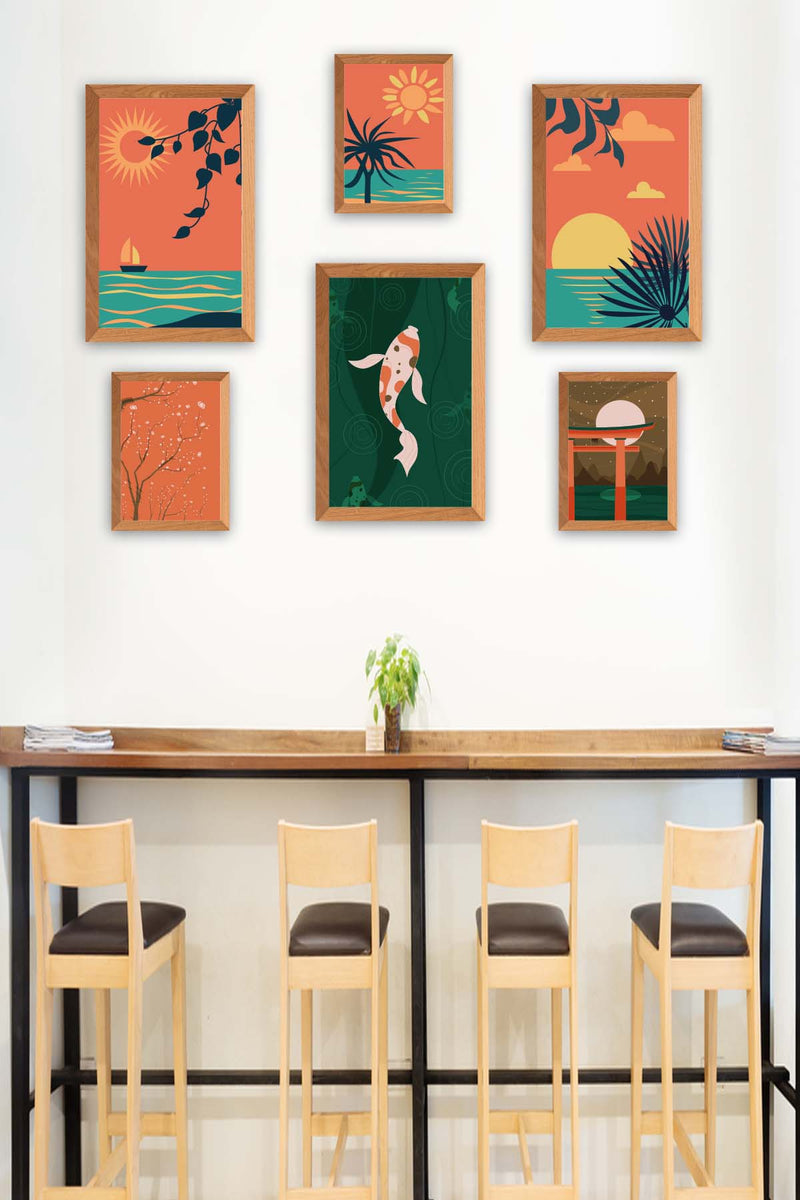 6 Parça Sunset Tarzda Sanatsal Ahşap Çerçeve Görünümlü Uv Baskı Mdf Tablo Seti Bonvagon