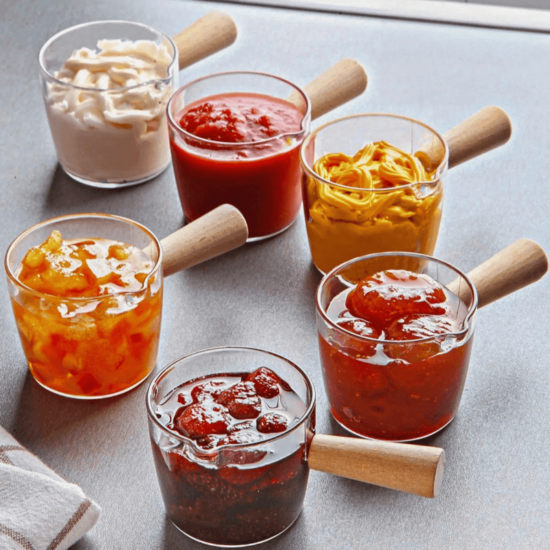 6lı Ahşap Saplı Mika Reçellik Sosluk Sofra Sunum Kahvaltı Seti - 80 ml Bonvagon