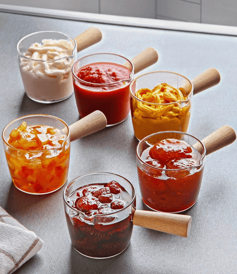 6lı Ahşap Saplı Mika Reçellik Sosluk Sofra Sunum Kahvaltı Seti - 80 ml Bonvagon