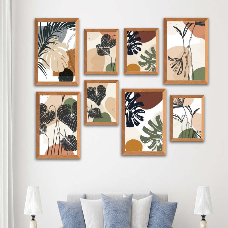 8 Parça Bohem Tarzda Sanatsal Ahşap Çerçeve Görünümlü Uv Baskı Mdf Tablo Seti Bonvagon
