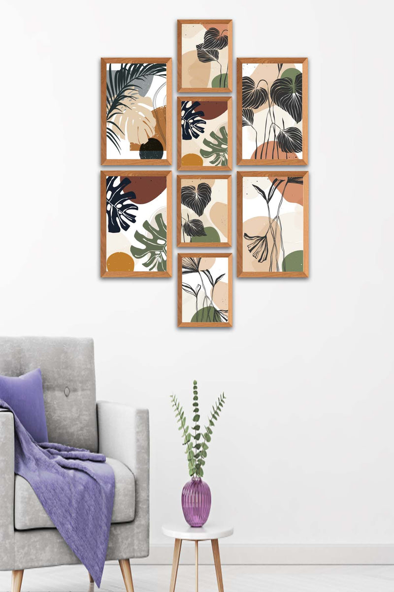 8 Parça Bohem Tarzda Sanatsal Ahşap Çerçeve Görünümlü Uv Baskı Mdf Tablo Seti Bonvagon