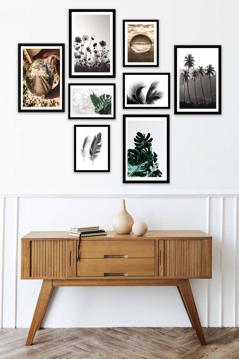 8 Parça Botanik Tarzda Sanatsal Siyah Çerçeve Görünümlü Dijital Baskı Tablo Seti Bonvagon