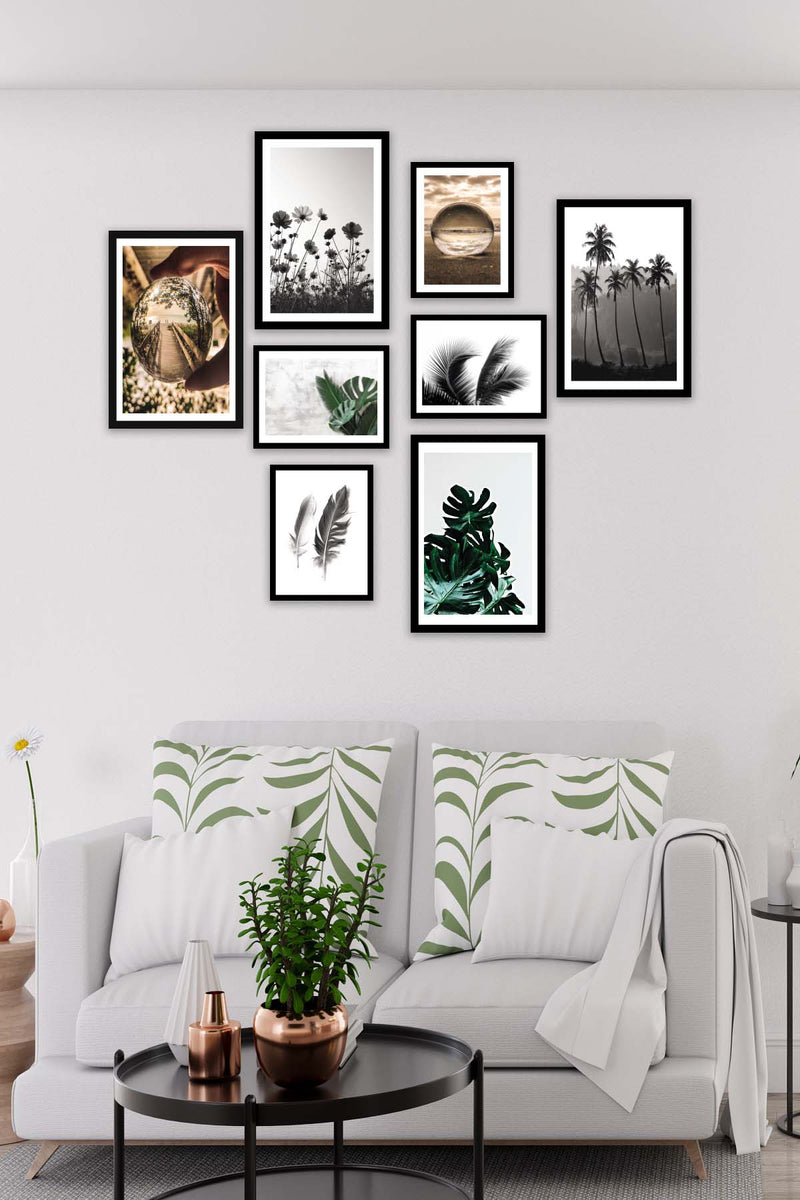 8 Parça Botanik Tarzda Sanatsal Siyah Çerçeve Görünümlü Dijital Baskı Tablo Seti Bonvagon