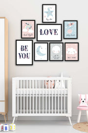 8 Parça Çocuk Odası Suluboya Gökyüzü Siyah Çerçeve Görünümlü Uv Baskı Mdf Tablo Seti Bonvagon