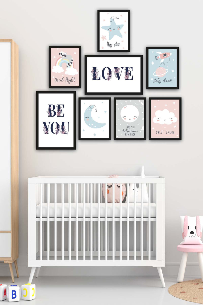 8 Parça Çocuk Odası Suluboya Gökyüzü Siyah Çerçeve Görünümlü Uv Baskı Mdf Tablo Seti Bonvagon