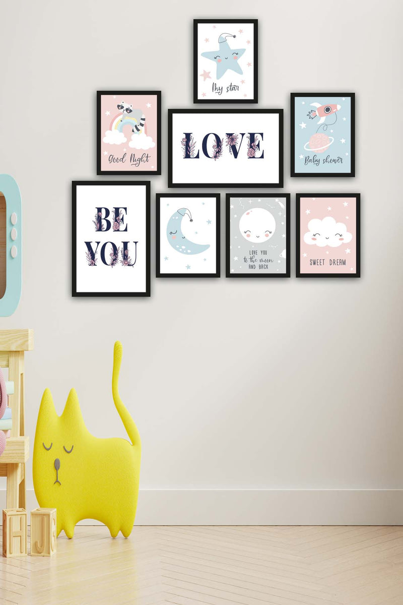 8 Parça Çocuk Odası Suluboya Gökyüzü Siyah Çerçeve Görünümlü Uv Baskı Mdf Tablo Seti Bonvagon