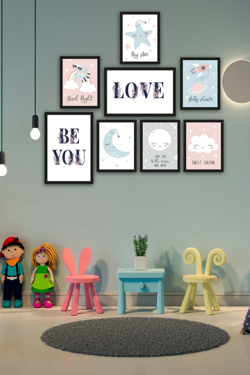 8 Parça Çocuk Odası Suluboya Gökyüzü Siyah Çerçeve Görünümlü Uv Baskı Mdf Tablo Seti Bonvagon