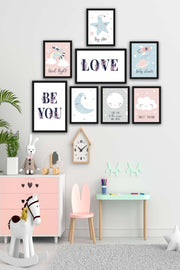 8 Parça Çocuk Odası Suluboya Gökyüzü Siyah Çerçeve Görünümlü Uv Baskı Mdf Tablo Seti Bonvagon