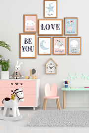 8 Parça Çocuk Odası Suluboya Tarzında Ahşap Çerçeve Görünümlü Uv Baskı Mdf Tablo Seti Bonvagon