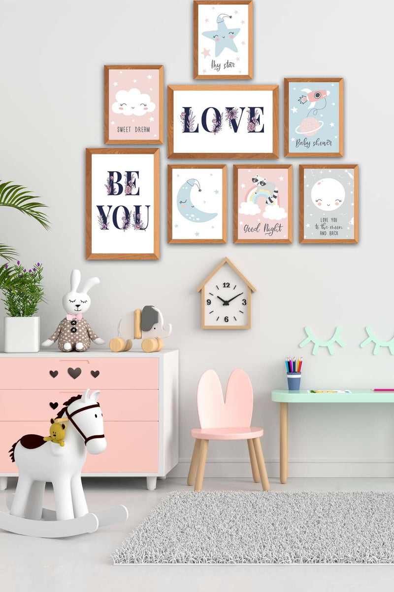 8 Parça Çocuk Odası Suluboya Tarzında Ahşap Çerçeve Görünümlü Uv Baskı Mdf Tablo Seti Bonvagon