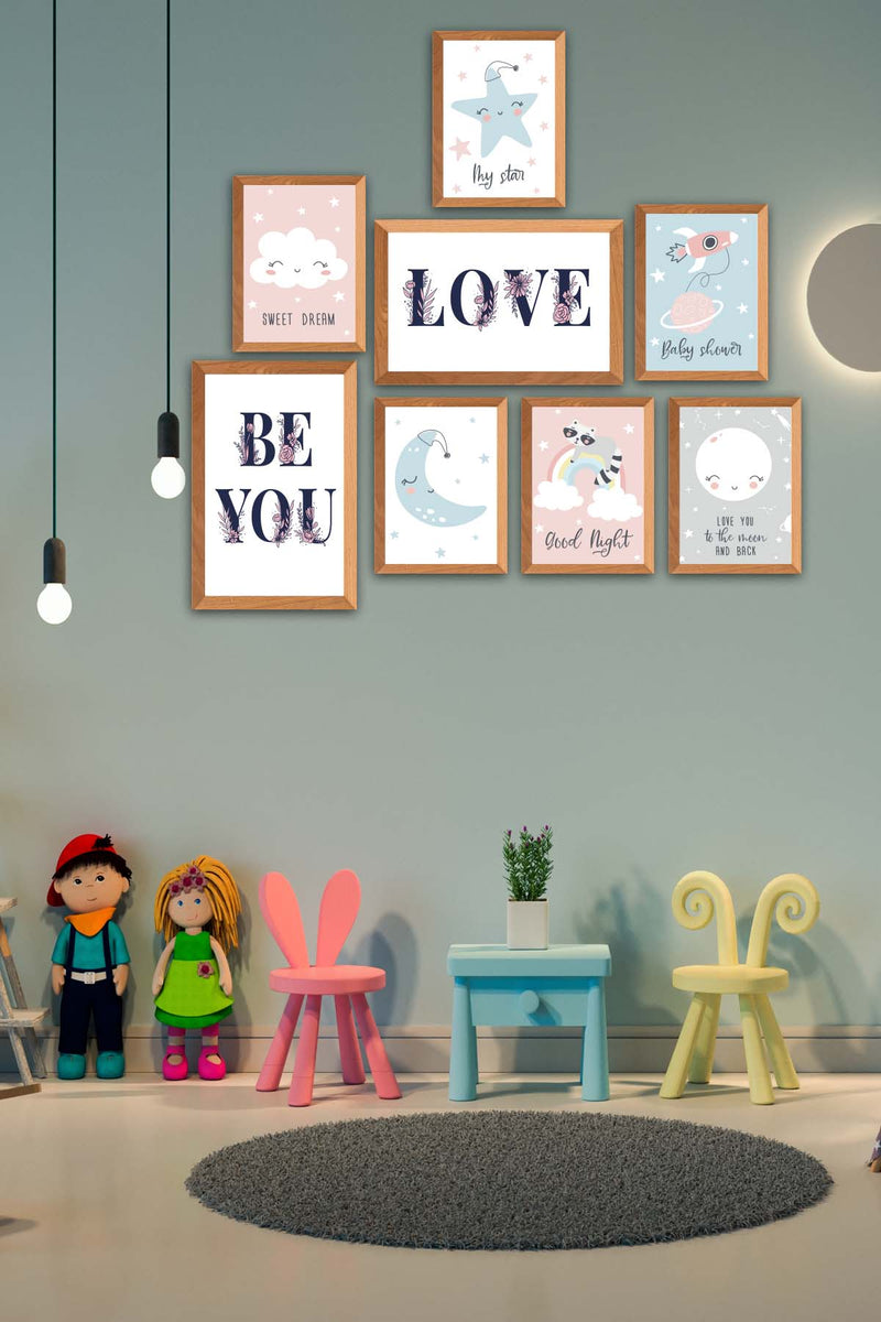 8 Parça Çocuk Odası Suluboya Tarzında Ahşap Çerçeve Görünümlü Uv Baskı Mdf Tablo Seti Bonvagon