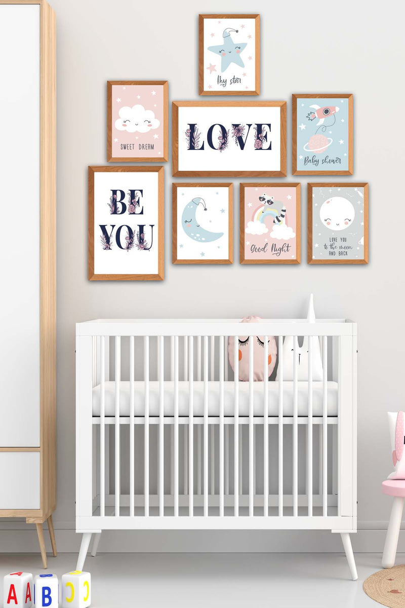 8 Parça Çocuk Odası Suluboya Tarzında Ahşap Çerçeve Görünümlü Uv Baskı Mdf Tablo Seti Bonvagon