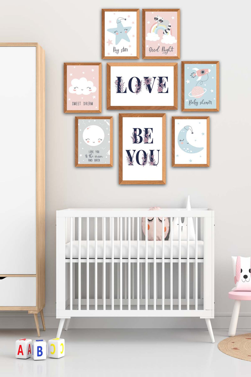 8 Parça Çocuk Odası Suluboya Tarzında Ahşap Çerçeve Görünümlü Uv Baskı Mdf Tablo Seti Bonvagon