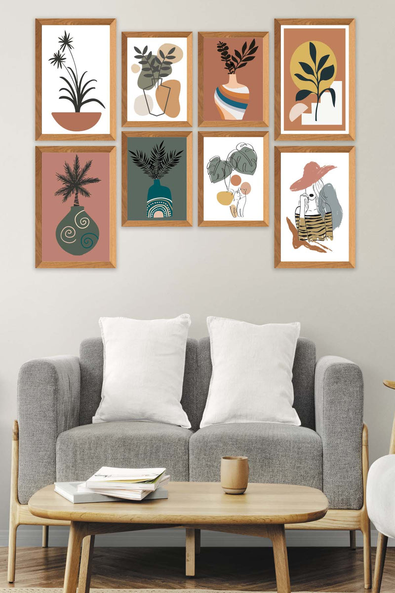 8 Parça Modern Sanatsal Bohem Tarzda (Ahşap Çerçeve Görünümlü) Uv Baskı Mdf Tablo Seti Bonvagon