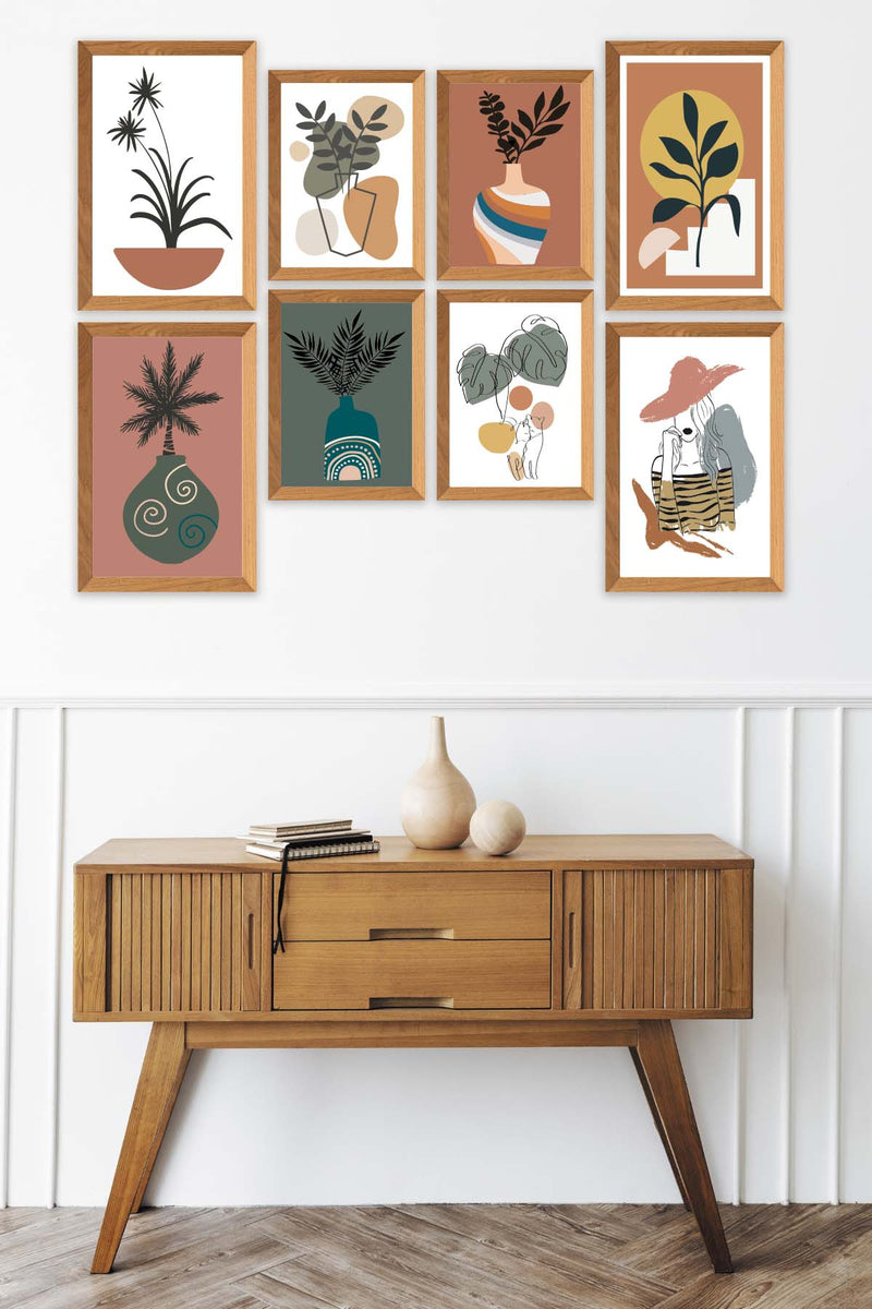 8 Parça Modern Sanatsal Bohem Tarzda (Ahşap Çerçeve Görünümlü) Uv Baskı Mdf Tablo Seti Bonvagon