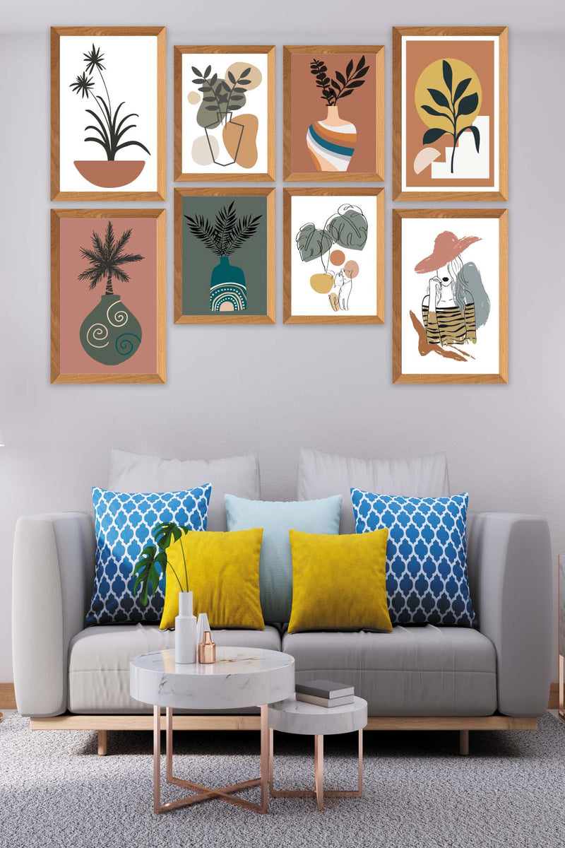 8 Parça Modern Sanatsal Bohem Tarzda (Ahşap Çerçeve Görünümlü) Uv Baskı Mdf Tablo Seti Bonvagon