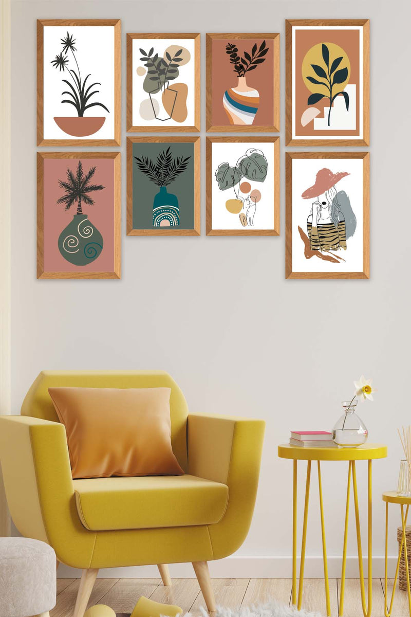 8 Parça Modern Sanatsal Bohem Tarzda (Ahşap Çerçeve Görünümlü) Uv Baskı Mdf Tablo Seti Bonvagon