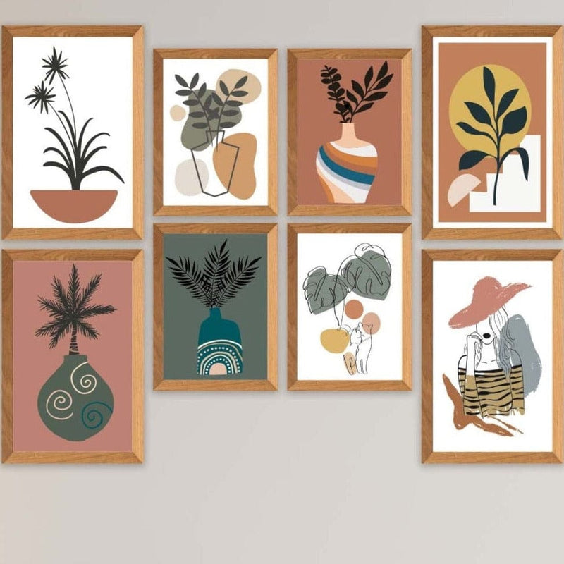 8 Parça Modern Sanatsal Bohem Tarzda (Ahşap Çerçeve Görünümlü) Uv Baskı Mdf Tablo Seti Bonvagon