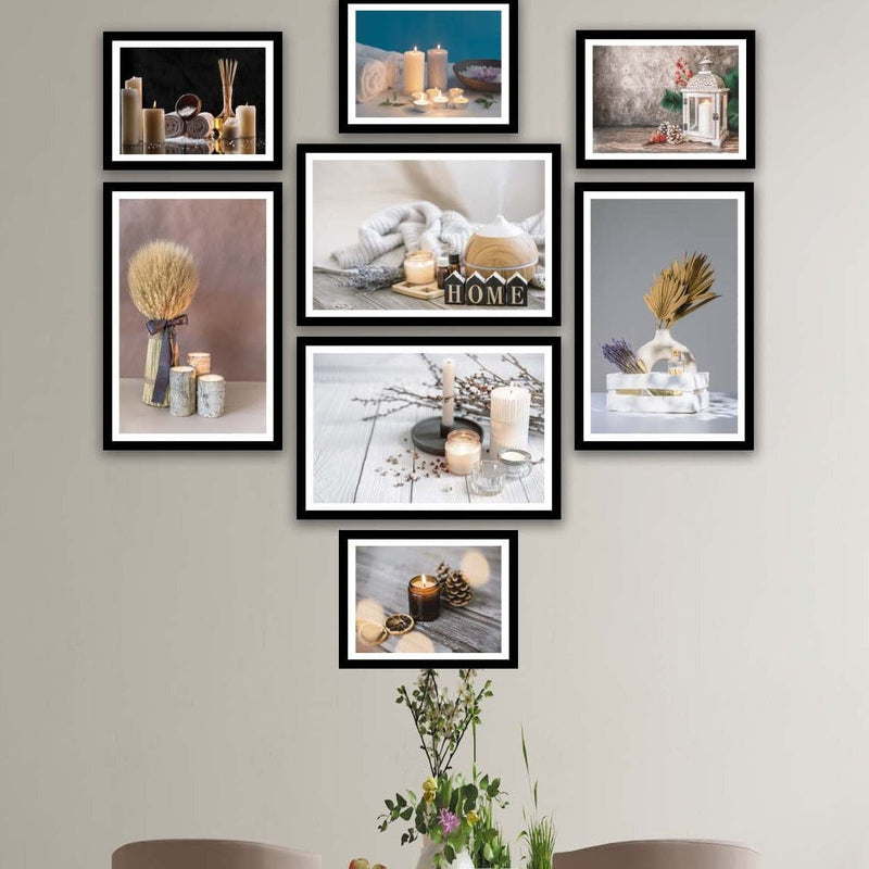 8 Parça Mum Ve Kozalak Tarzında Siyah Çerçeve Görünümlü Mdf Tablo Seti Bonvagon