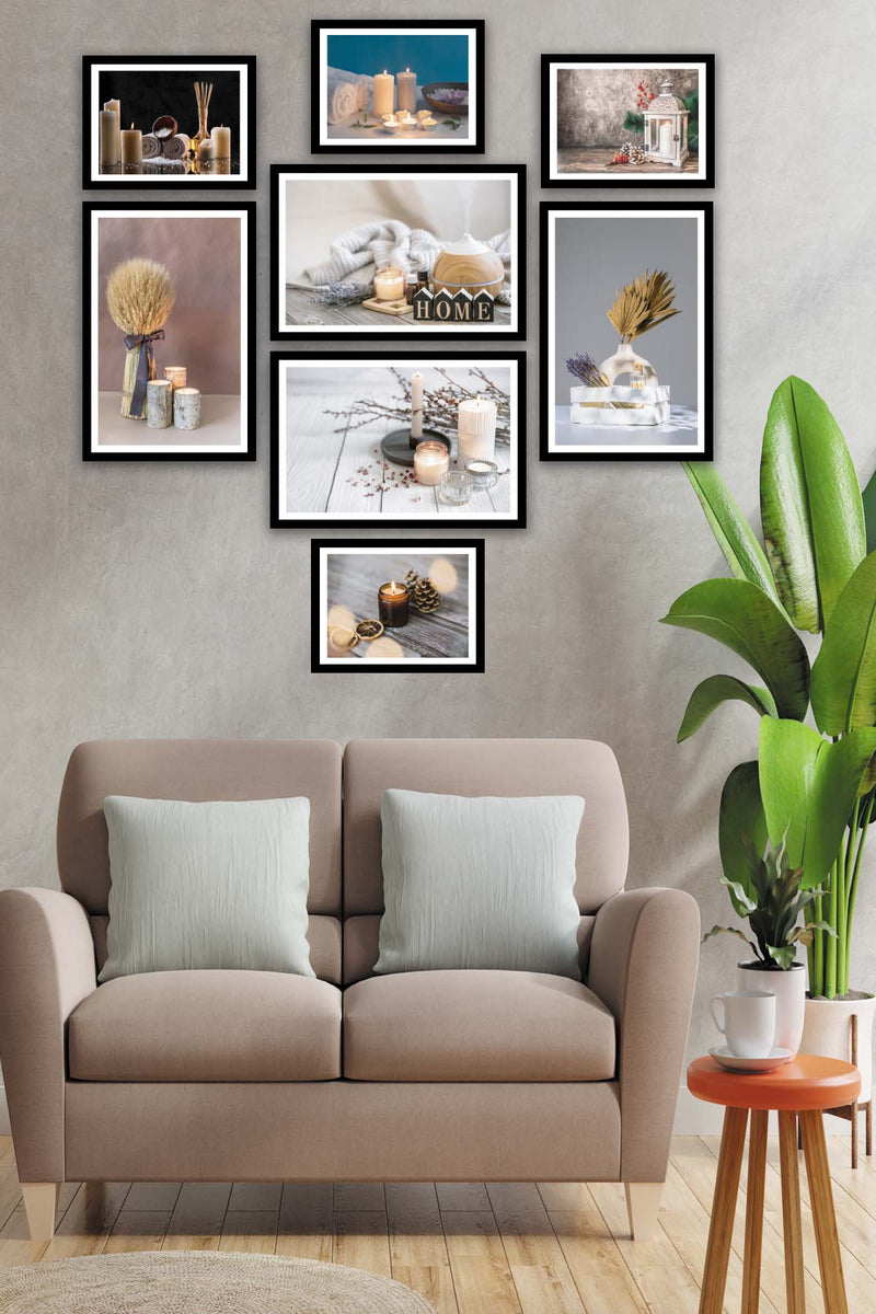 8 Parça Mum Ve Kozalak Tarzında Siyah Çerçeve Görünümlü Mdf Tablo Seti Bonvagon