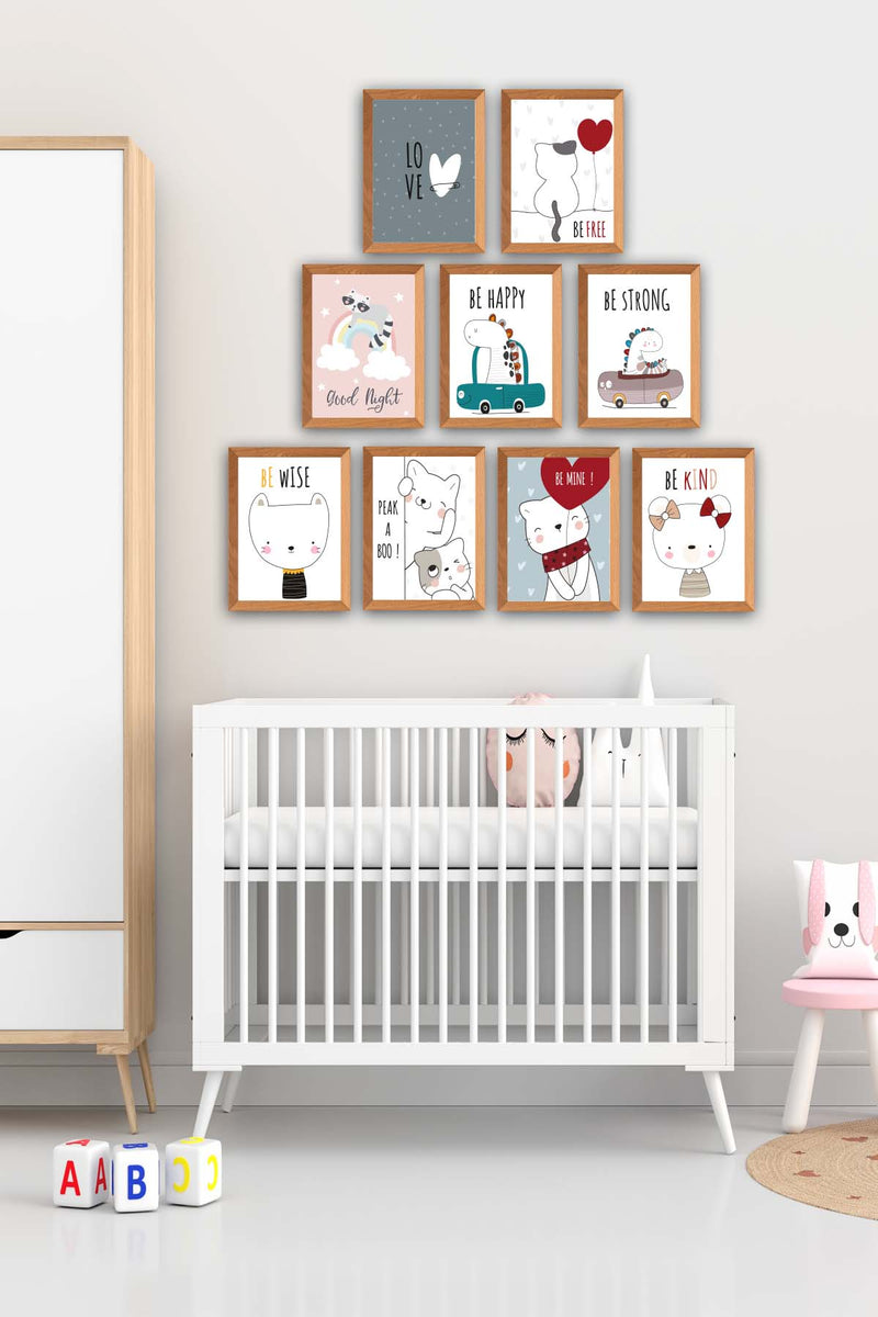 9 Parça Çocuk Odası Sevimli Kedi Ahşap Çerçeve Görünümlü Uv Baskı Mdf Tablo Seti Bonvagon