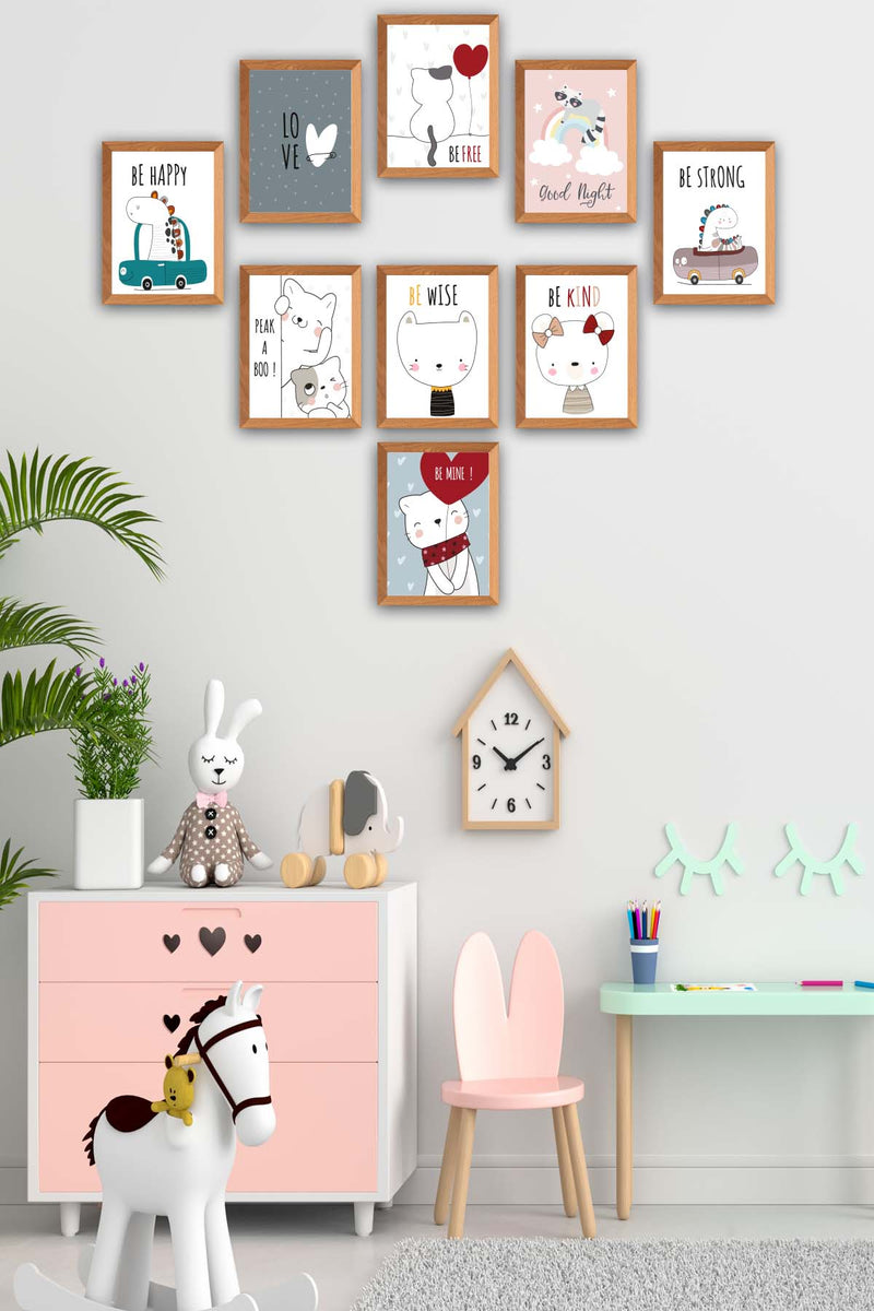 9 Parça Çocuk Odası Sevimli Kedi Ahşap Çerçeve Görünümlü Uv Baskı Mdf Tablo Seti Bonvagon