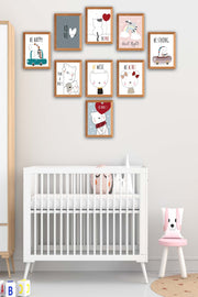 9 Parça Çocuk Odası Sevimli Kedi Ahşap Çerçeve Görünümlü Uv Baskı Mdf Tablo Seti Bonvagon