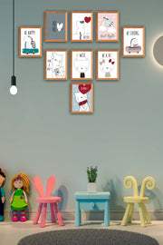 9 Parça Çocuk Odası Sevimli Kedi Ahşap Çerçeve Görünümlü Uv Baskı Mdf Tablo Seti Bonvagon