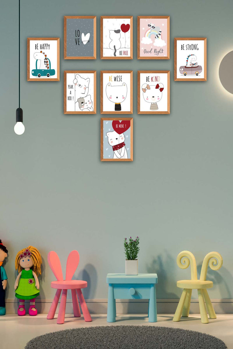 9 Parça Çocuk Odası Sevimli Kedi Ahşap Çerçeve Görünümlü Uv Baskı Mdf Tablo Seti Bonvagon