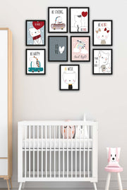 9 Parça Çocuk Odası Sevimli Kedi Siyah Çerçeve Görünümlü Uv Baskı Mdf Tablo Seti Bonvagon