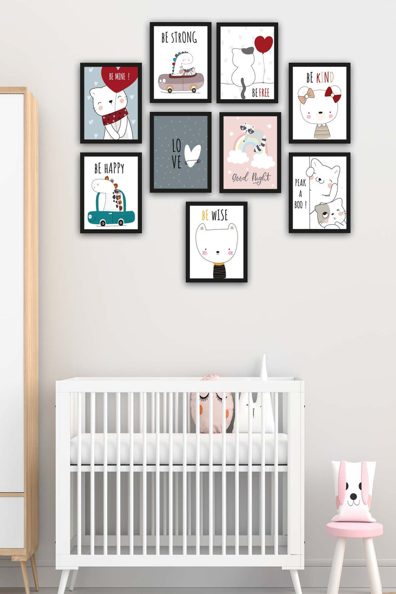 9 Parça Çocuk Odası Sevimli Kedi Siyah Çerçeve Görünümlü Uv Baskı Mdf Tablo Seti Bonvagon
