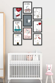 9 Parça Çocuk Odası Sevimli Kedi Siyah Çerçeve Görünümlü Uv Baskı Mdf Tablo Seti Bonvagon