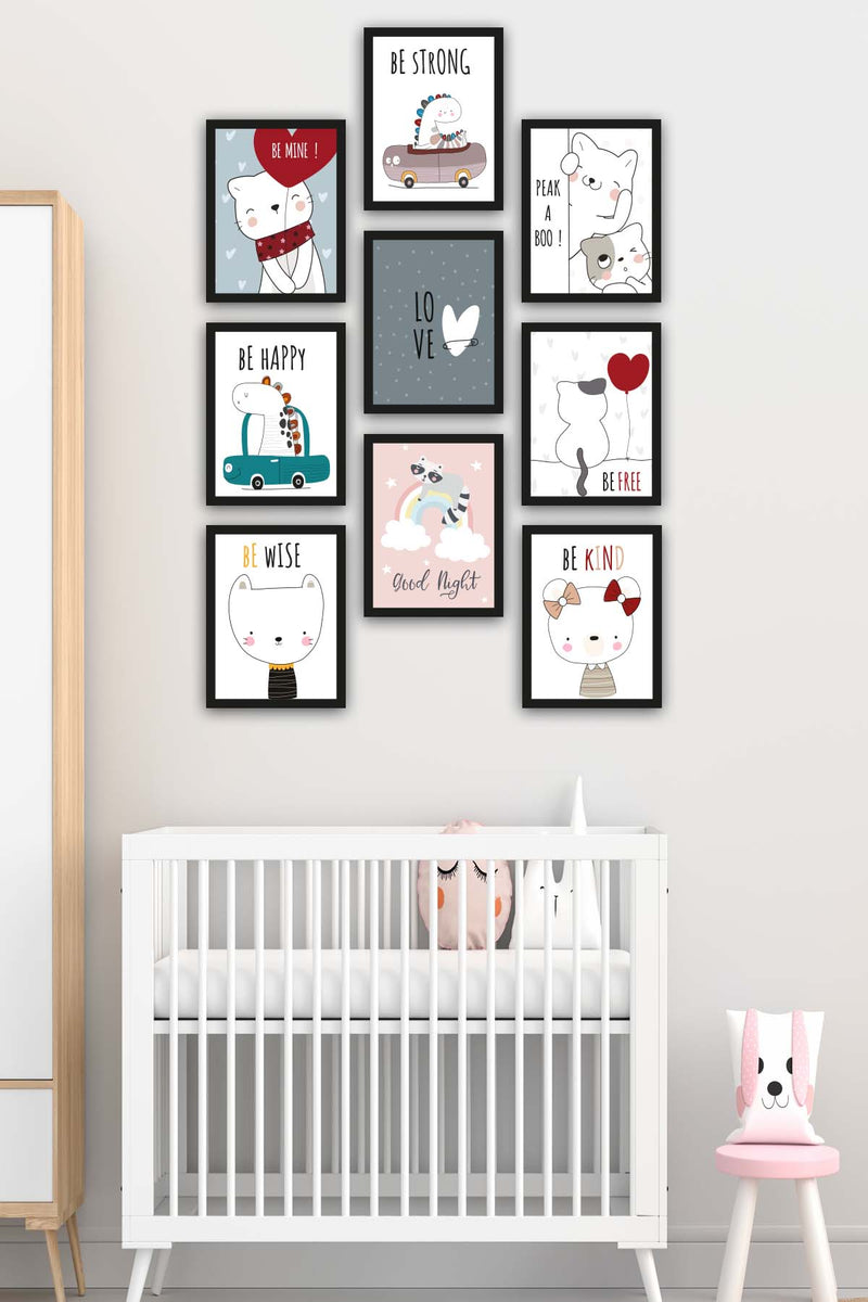 9 Parça Çocuk Odası Sevimli Kedi Siyah Çerçeve Görünümlü Uv Baskı Mdf Tablo Seti Bonvagon