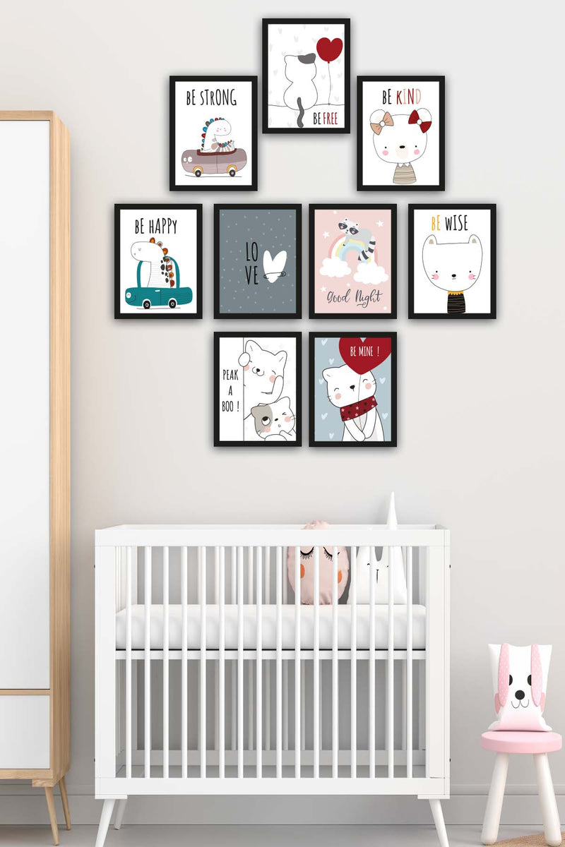 9 Parça Çocuk Odası Sevimli Kedi Siyah Çerçeve Görünümlü Uv Baskı Mdf Tablo Seti Bonvagon