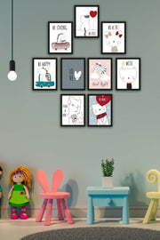 9 Parça Çocuk Odası Sevimli Kedi Siyah Çerçeve Görünümlü Uv Baskı Mdf Tablo Seti Bonvagon