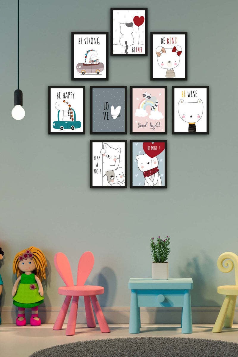 9 Parça Çocuk Odası Sevimli Kedi Siyah Çerçeve Görünümlü Uv Baskı Mdf Tablo Seti Bonvagon