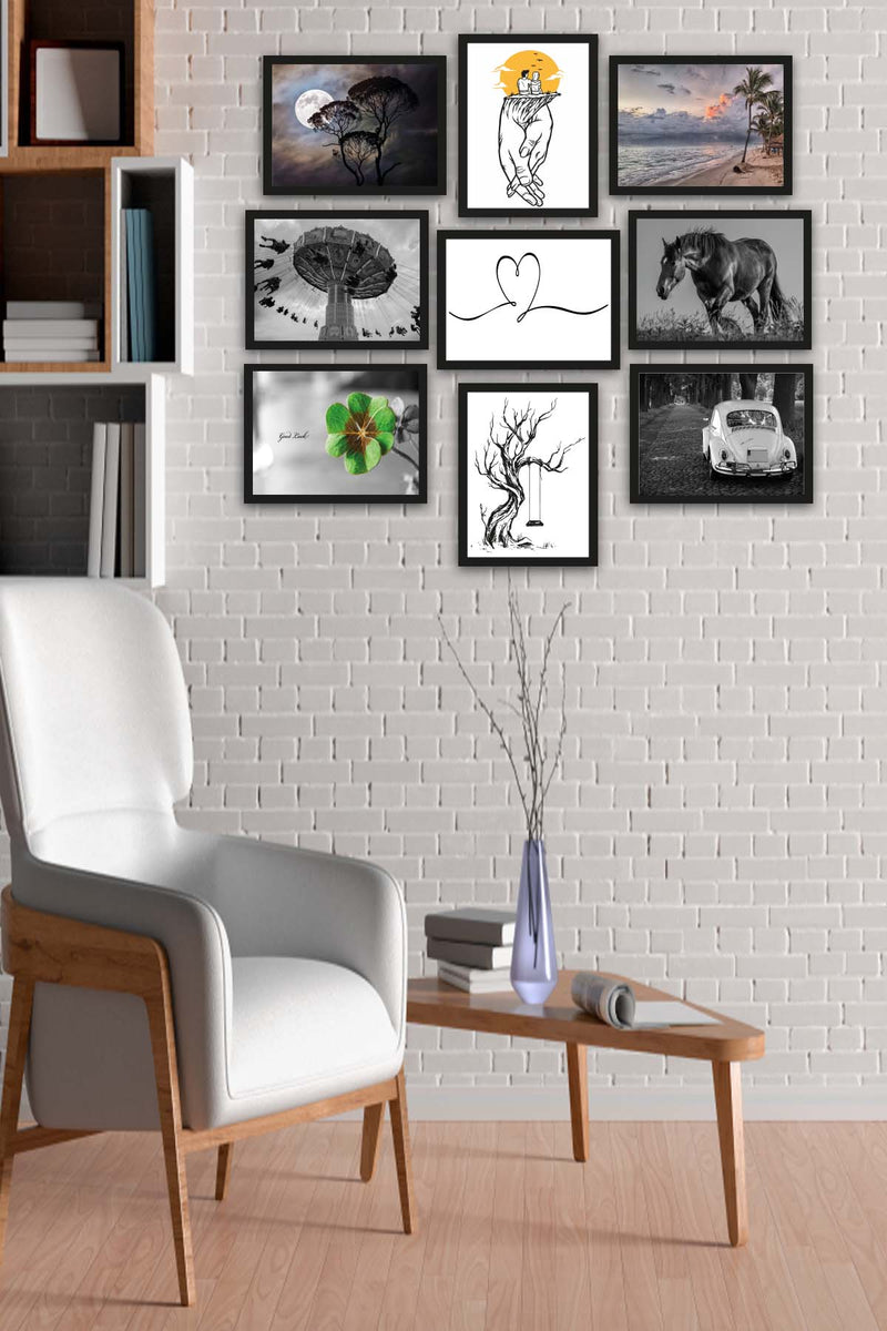 9 Parça Siyah Beyaz Tarzında Siyah Çerçeve Görünümlü Uv Baskı Mdf Tablo Seti Bonvagon